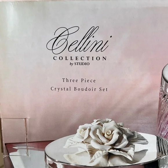 Bellini Studio Silversmiths 3-piece Crystal Boudoir Set On Mirrored Tray NIB - Picture 2 of 4